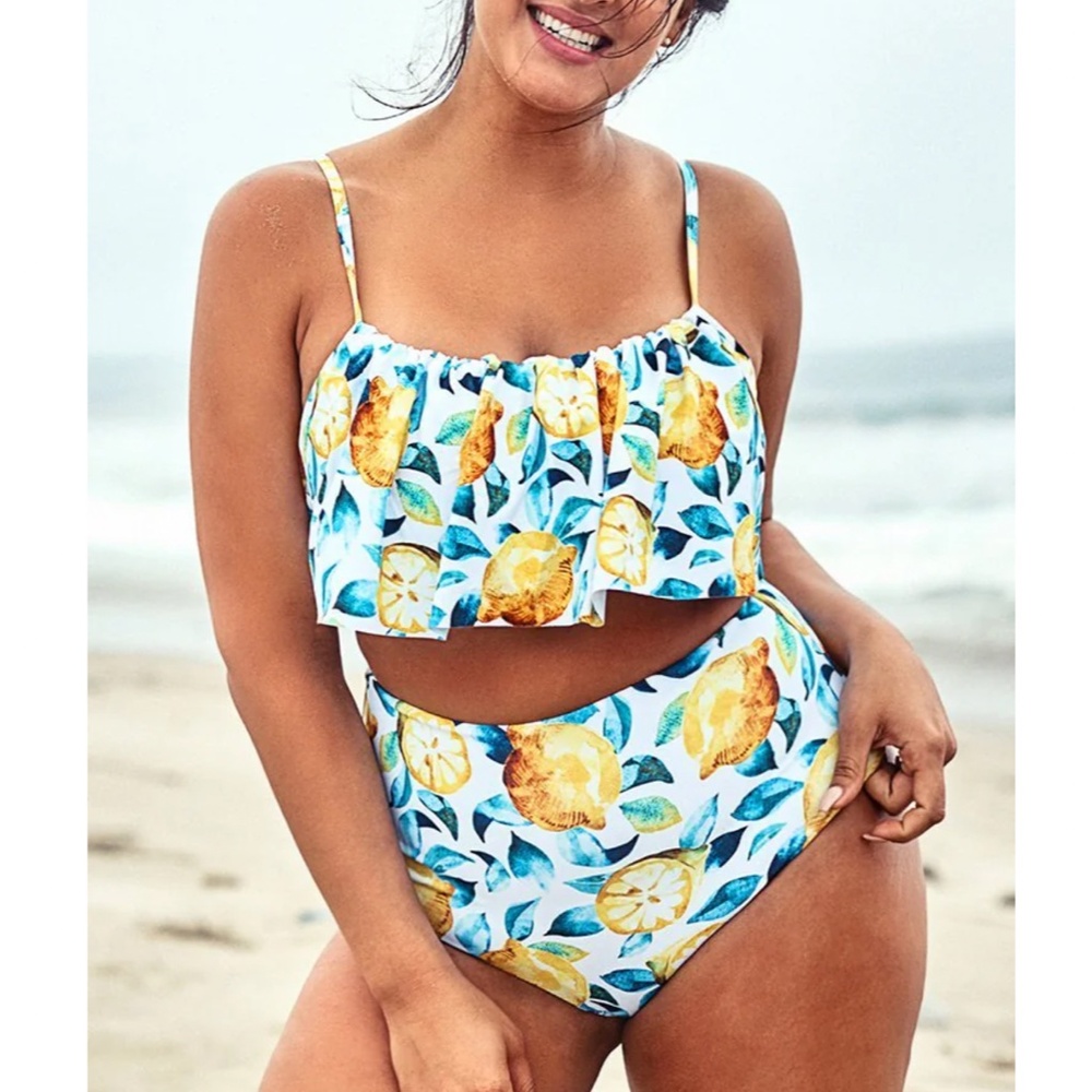 Leaf And Lemon Printed Plus Size Bikini Size 0X